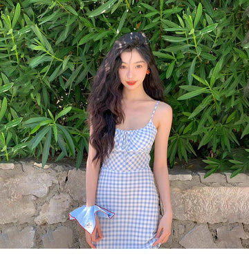 Mengling With A Sweet Blue Checkerge Dress 2025 Retro Square Collar Sexy Body Dress